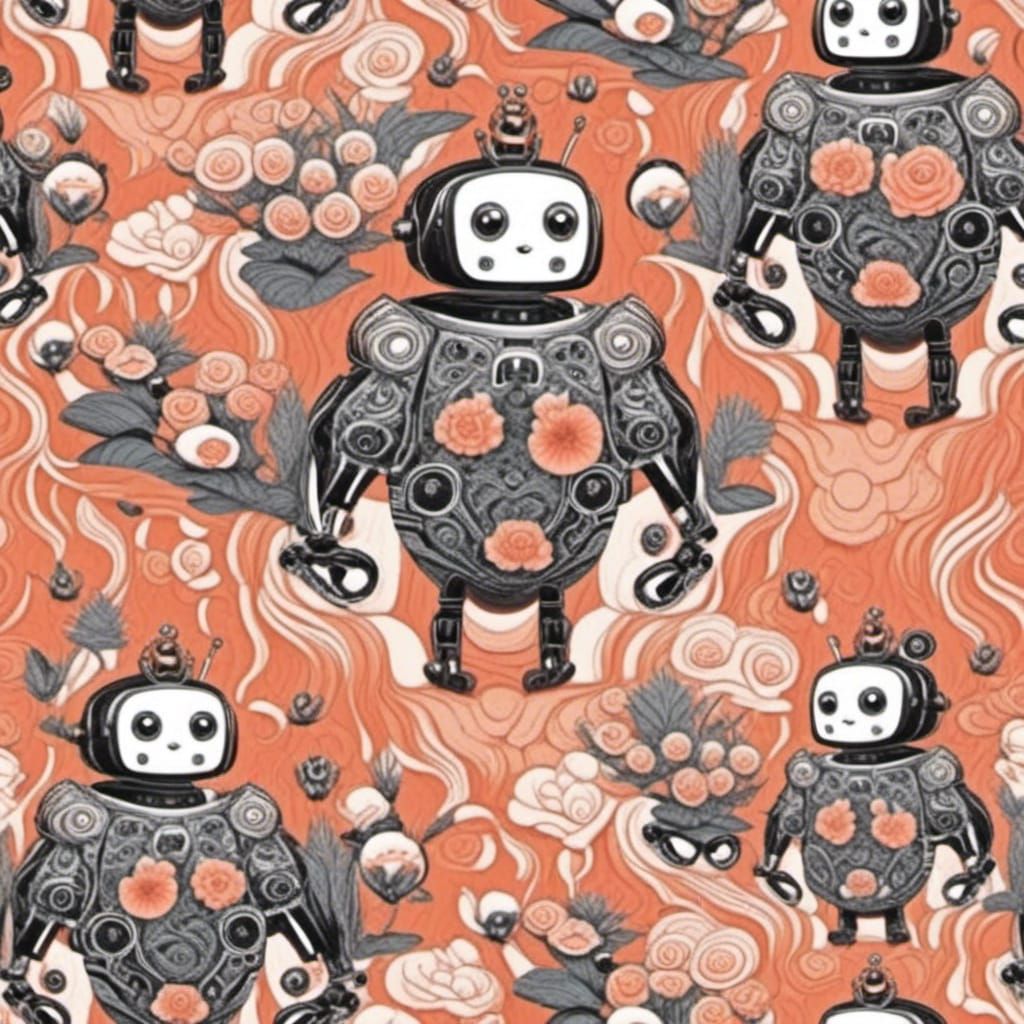 Cute Robots Play in Swirling Flower Garden