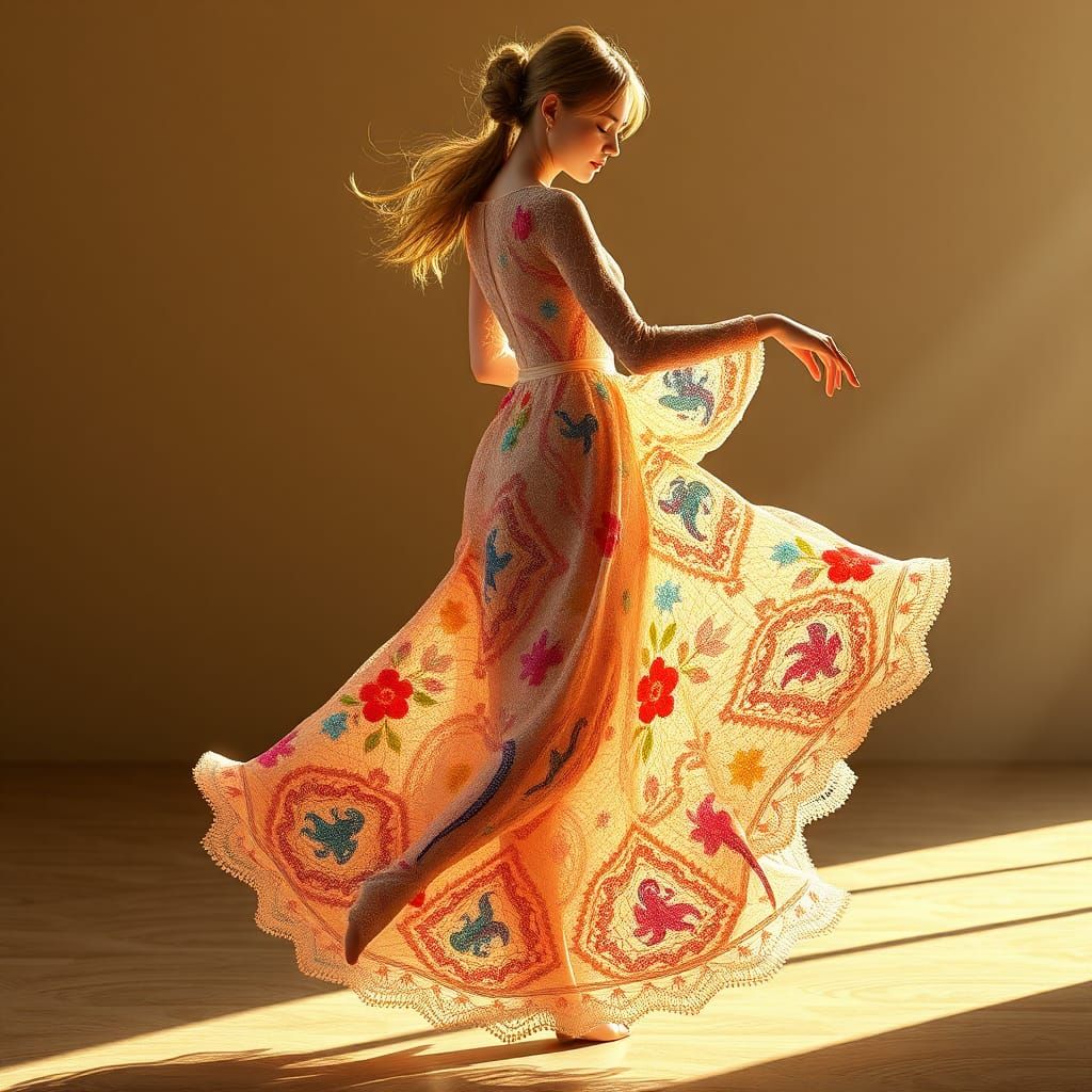 Woman Dances in Exquisite Embroidered Lace Dress