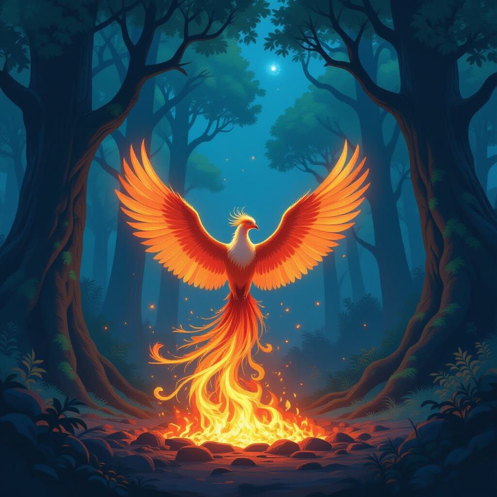 Majestic Phoenix Rises from Embers in Mystical Forest