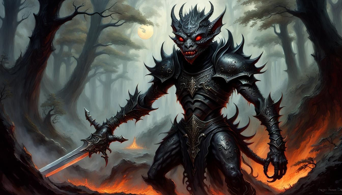 Scary Metallic Kobold Demon in Ethereal Forest