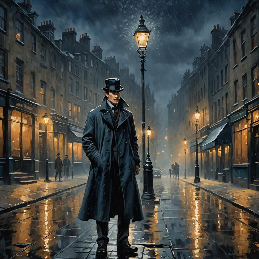 Sherlock Holmes Portrait on Baker Street at Night