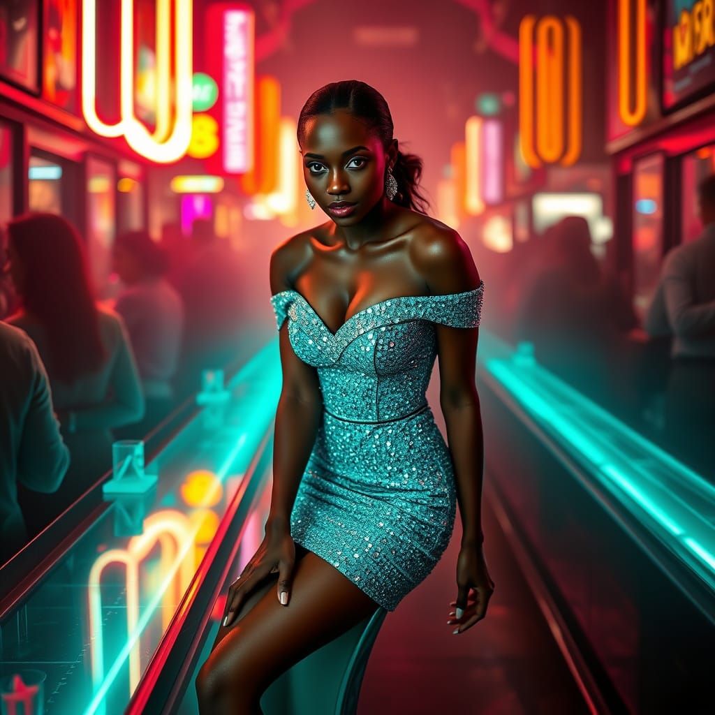 Futuristic Woman in Neon London Bar