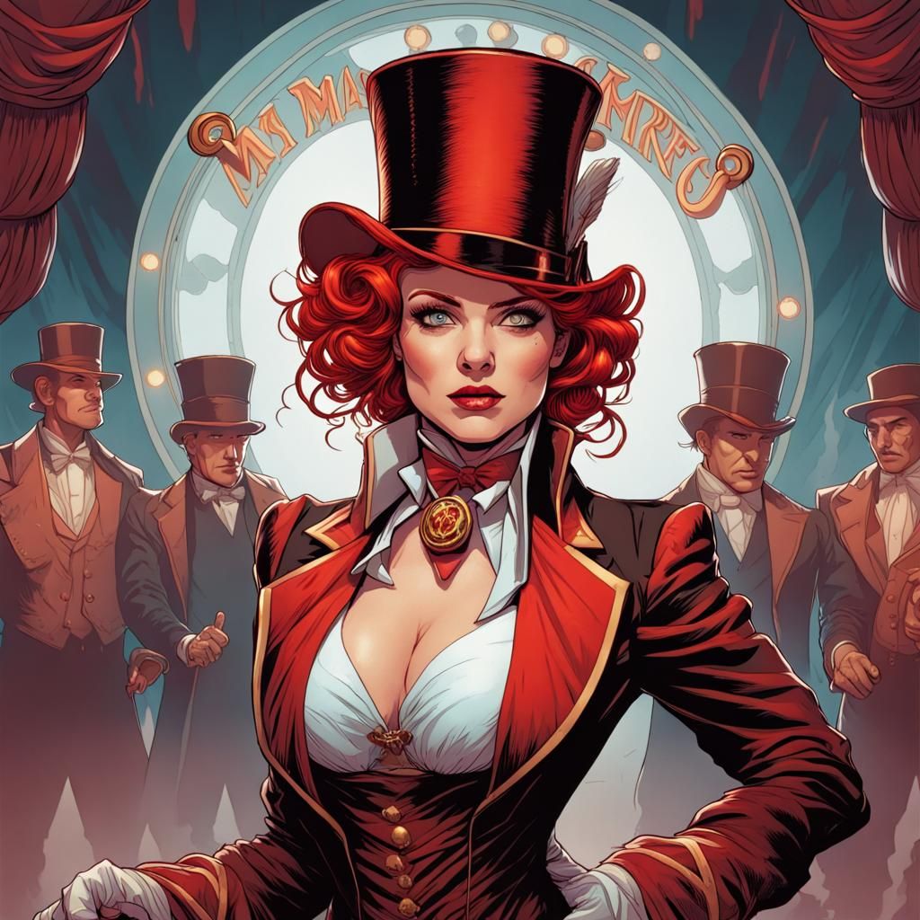 Red-Haired Ringmaster in Comic Book Art Style