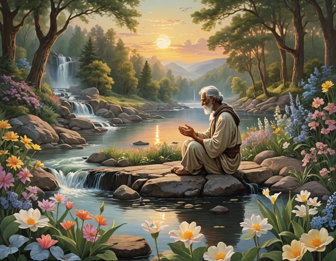 Serene Prayer Surrounded by God's Blessings