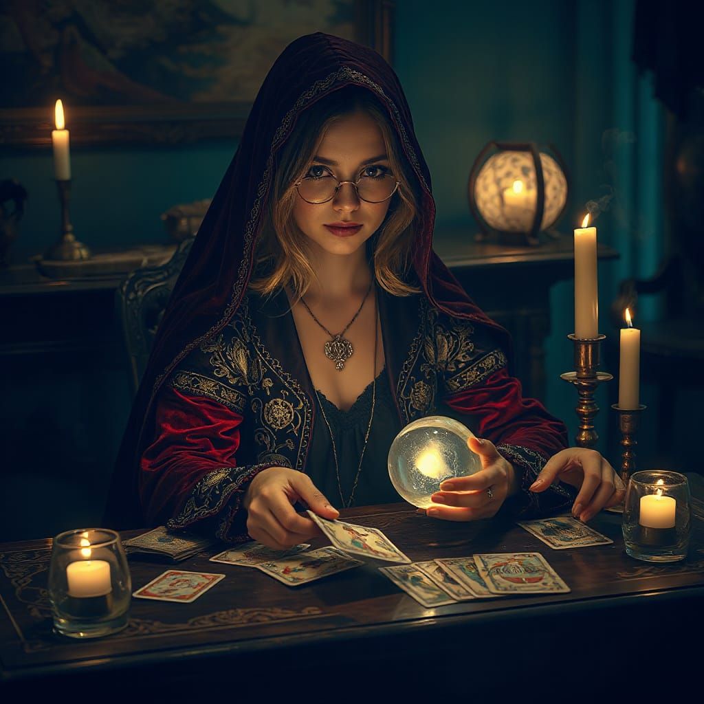 Mystical Fortune Teller in Velvet Cloak with Tarot Cards