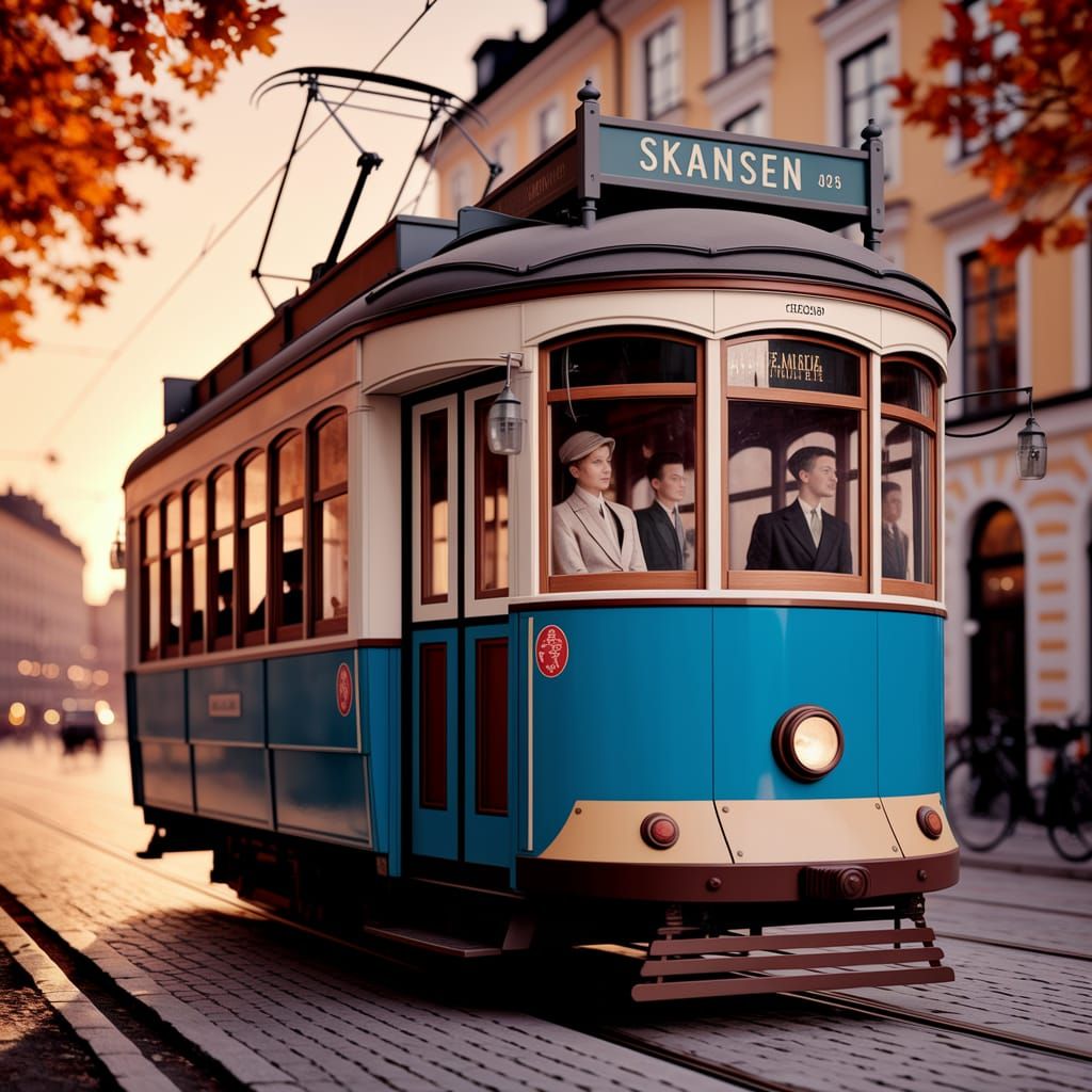 Vintage Blue Tram Glides Through Stockholm at Sunset