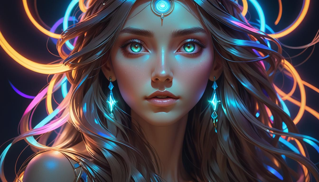 Neon-Lit Woman Portrait in Art Nouveau Style