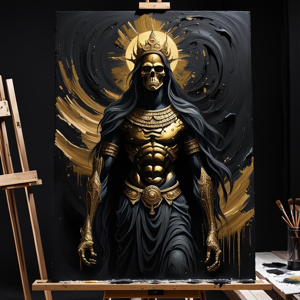 Black God Grunge Painting with Golden Highlights
