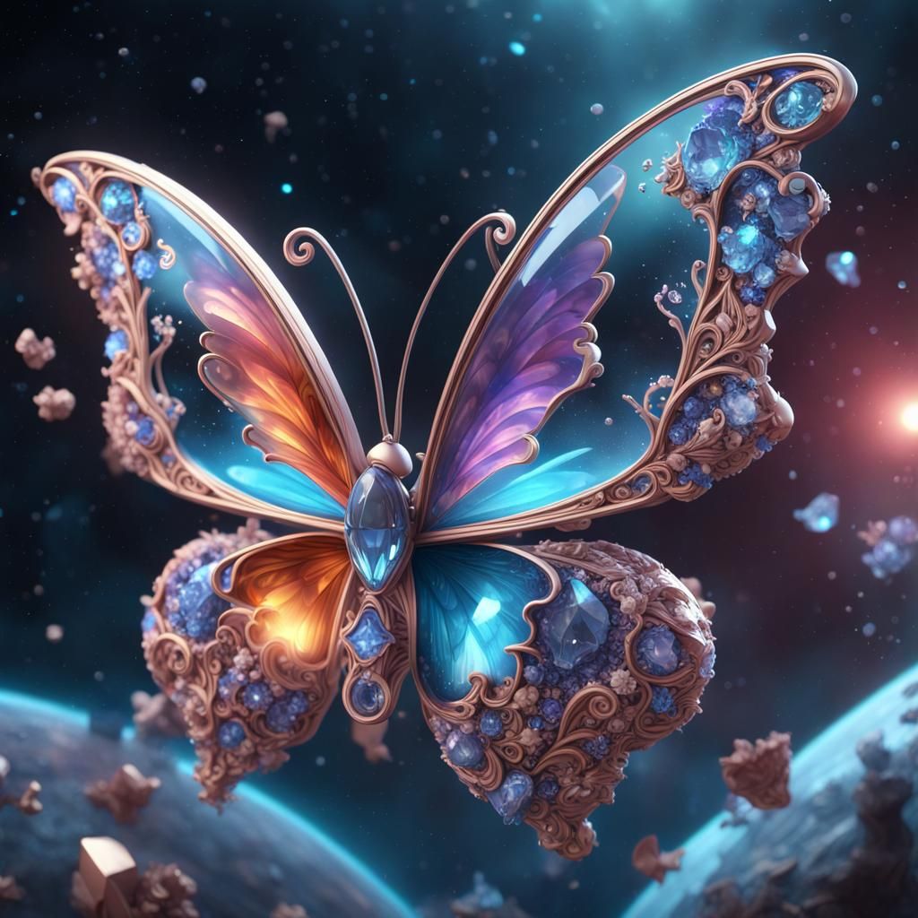Crystal Butterfly Flying Through Space in 3D