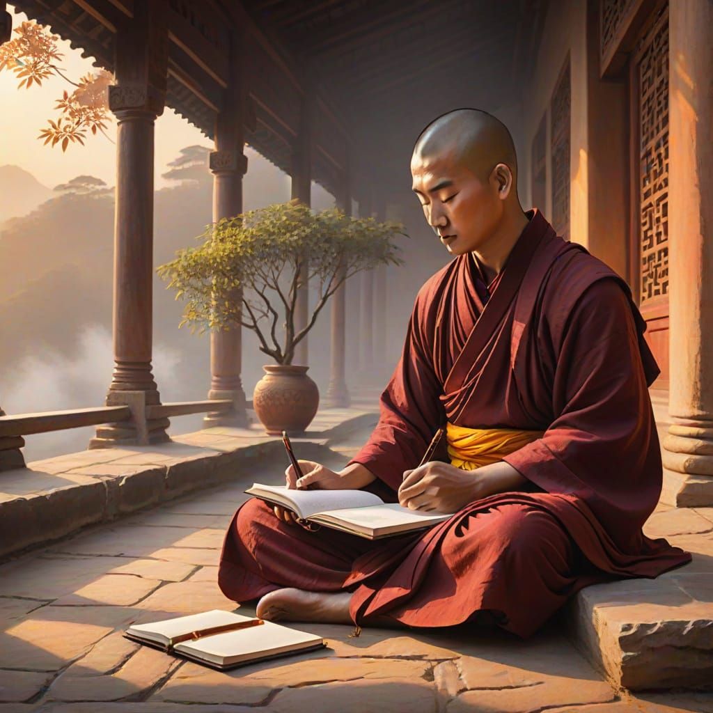 A young Buddhist monk in traditional maroon robes sits cross...