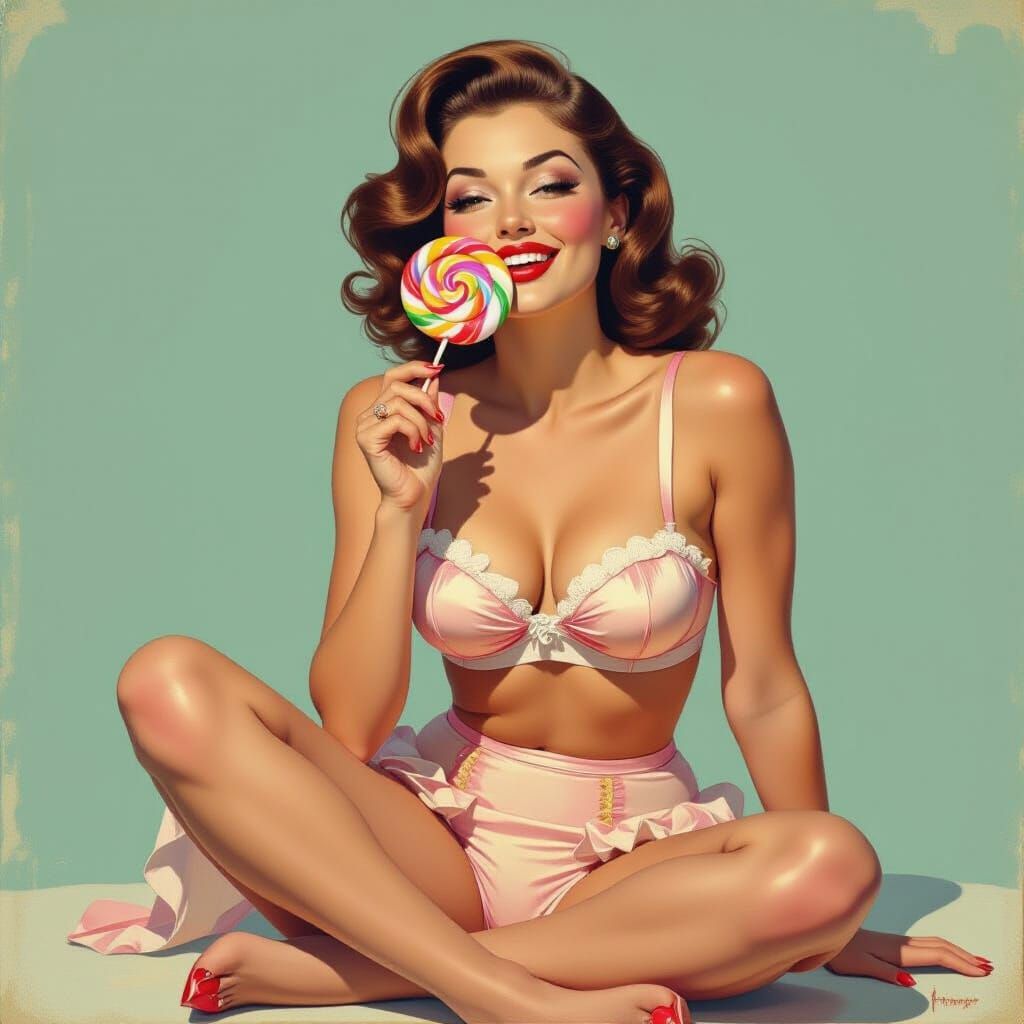 Retro Pin-Up: Woman with Lollipop in Vintage Lingerie