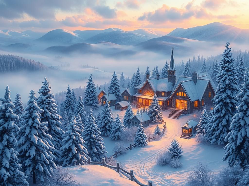 Ethereal Winter Village in Golden Light