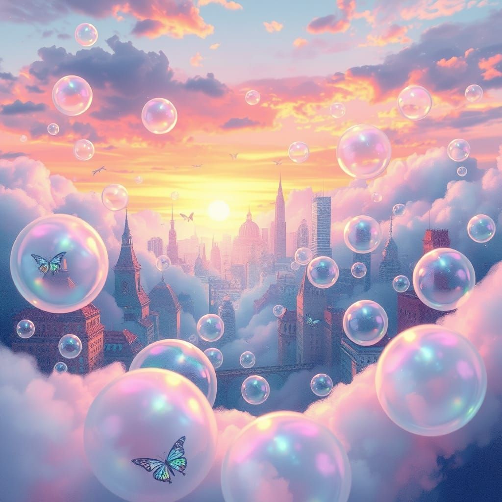 Ethereal Bubble City in Dreamlike Watercolor Style