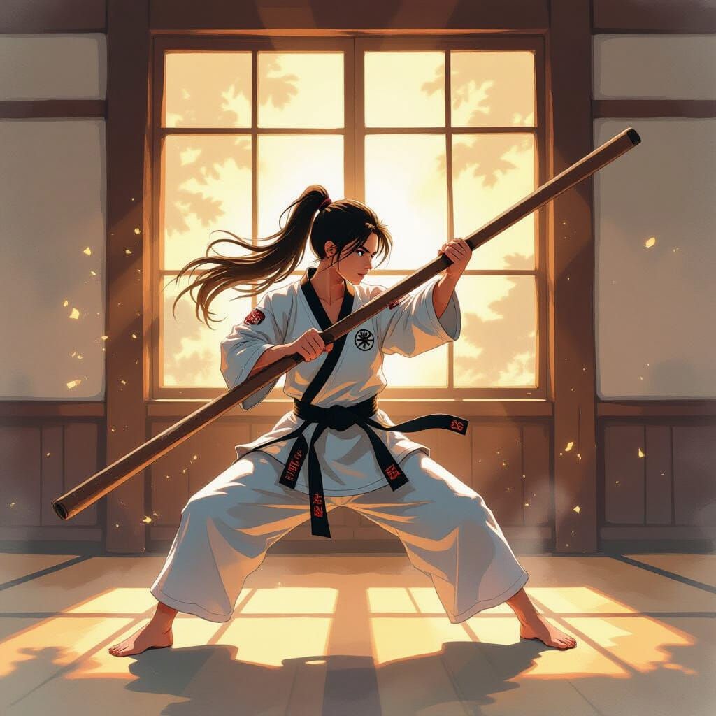 Woman Practices Martial Arts with Wooden Staff in Sunlit Doj...