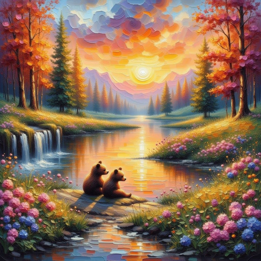 Bear Cubs Fishing at Sunset: Impasto Painting