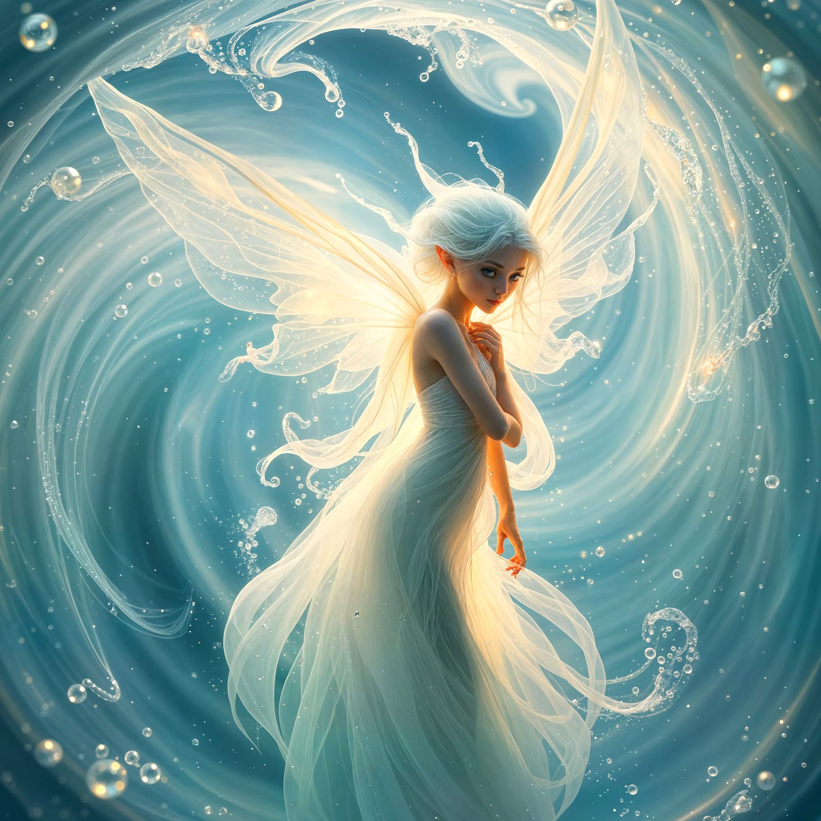 Ethereal Fairy Elf Emerges from Water Pearls in Dreamlike Au...
