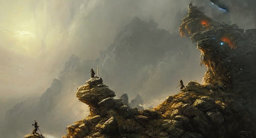 Epic Cliffside Sword Fight in Ethereal Fantasy Style