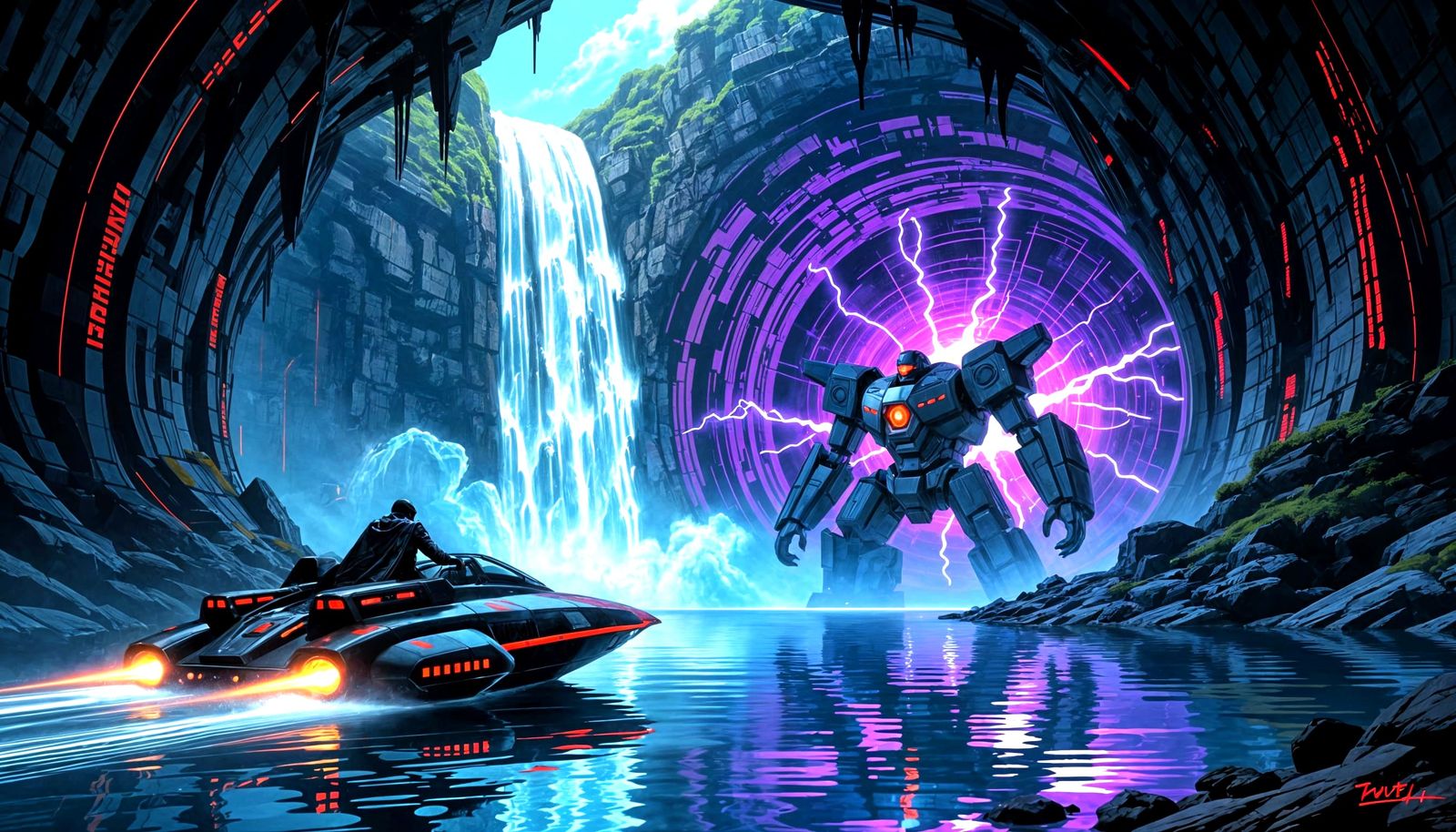 Super Villain's Hovercraft Enters Electric Cavern