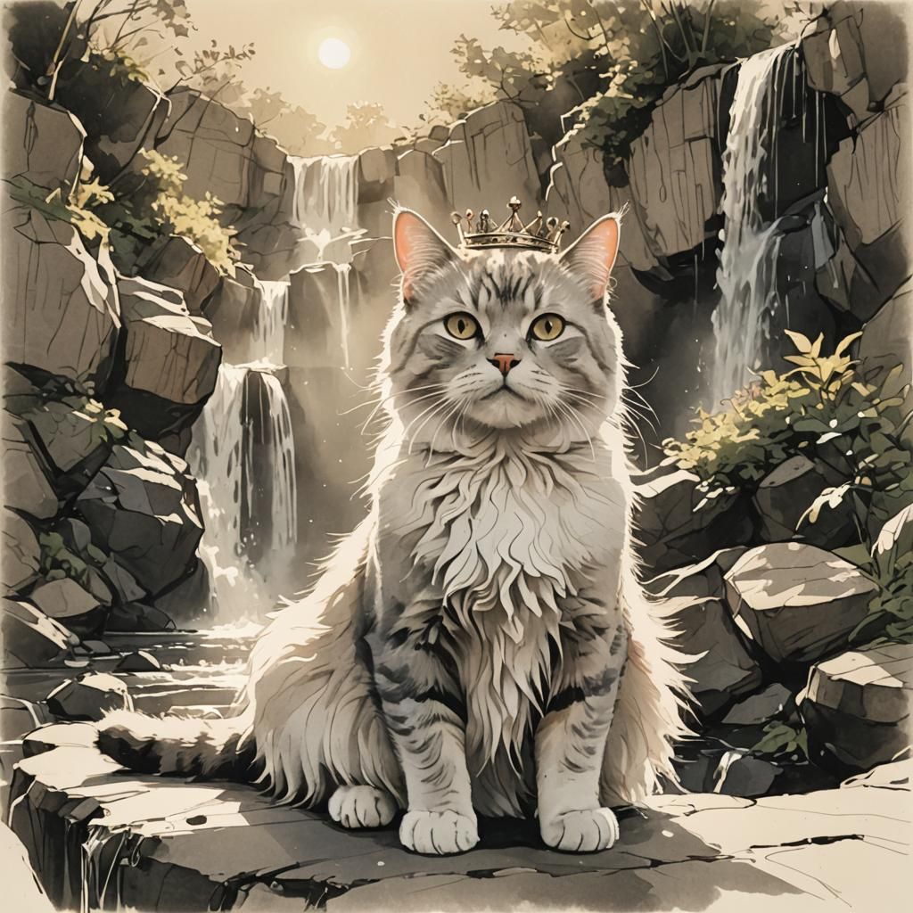 Crowned Cat near Waterfall in Sunlight Sketch