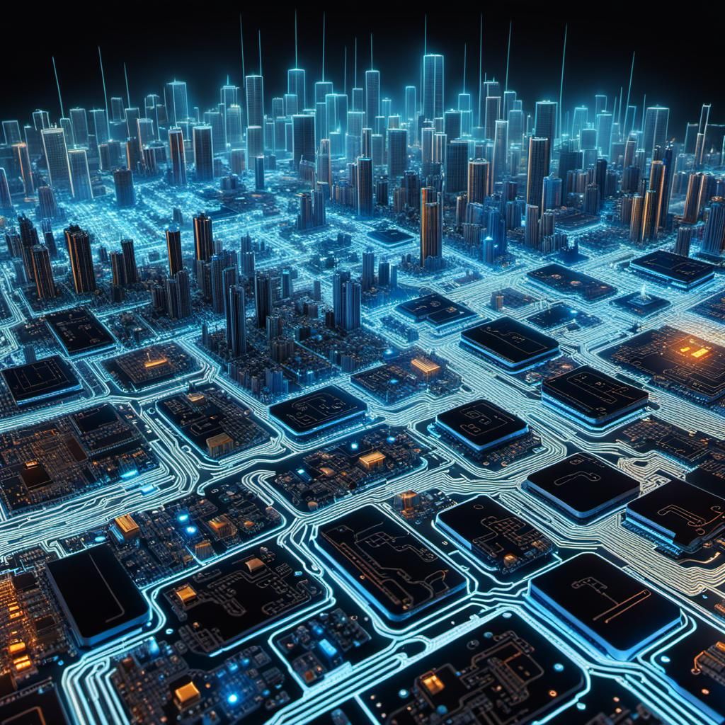 Circuit Board Cityscape with Glowing Electronic Components