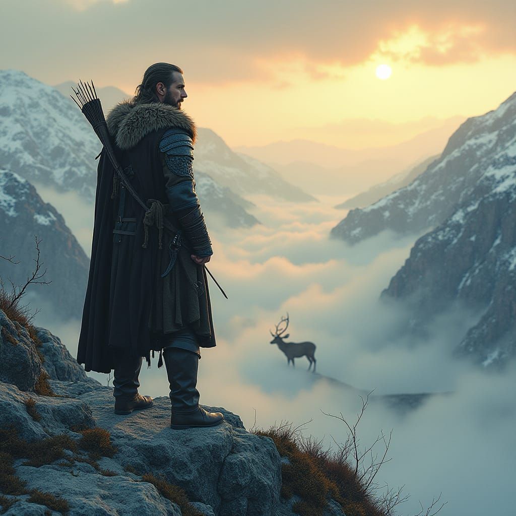 Viking Warrior in Majestic Mountain Landscape at Sunrise