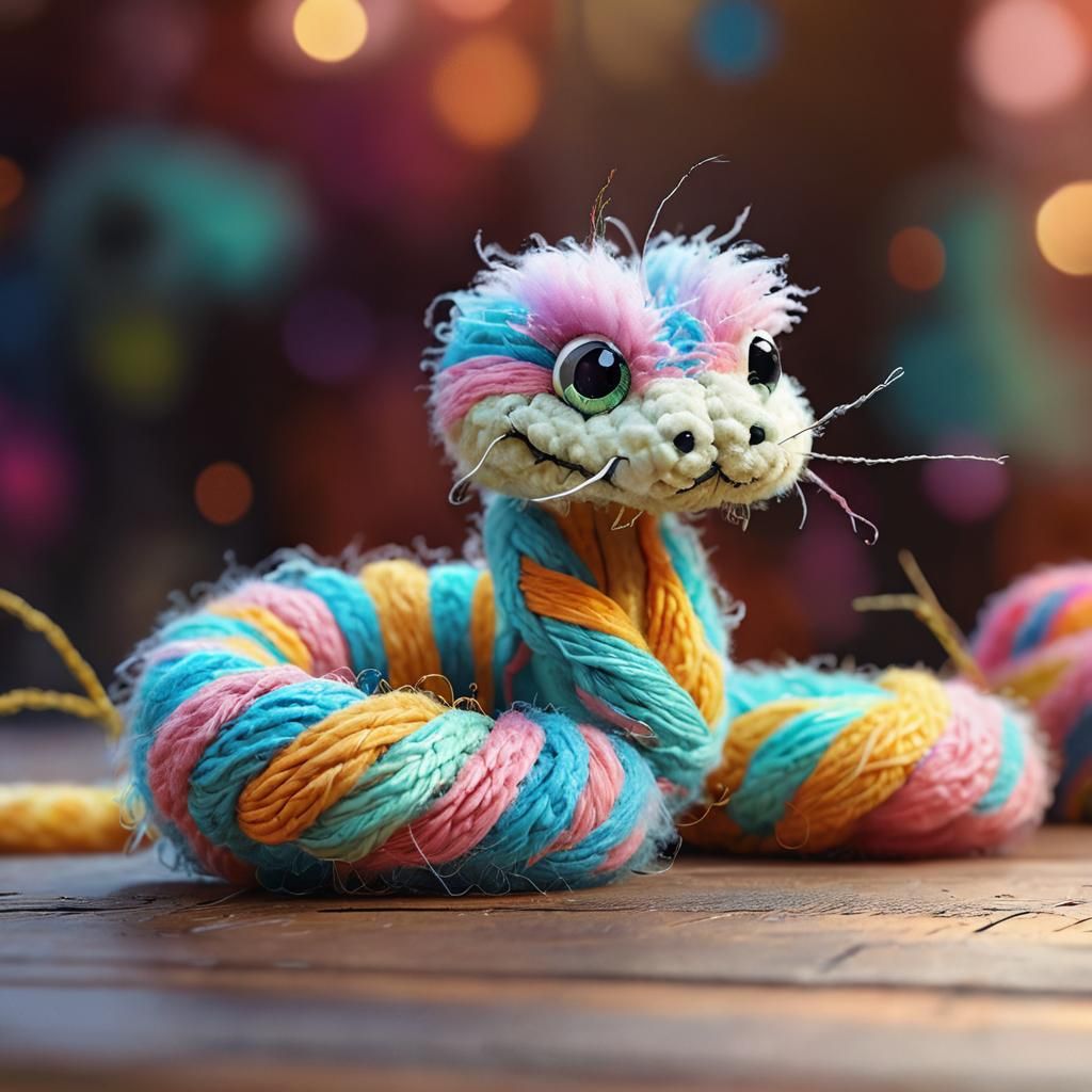Adorable Yarn Snake Portrait in Naive Art Style