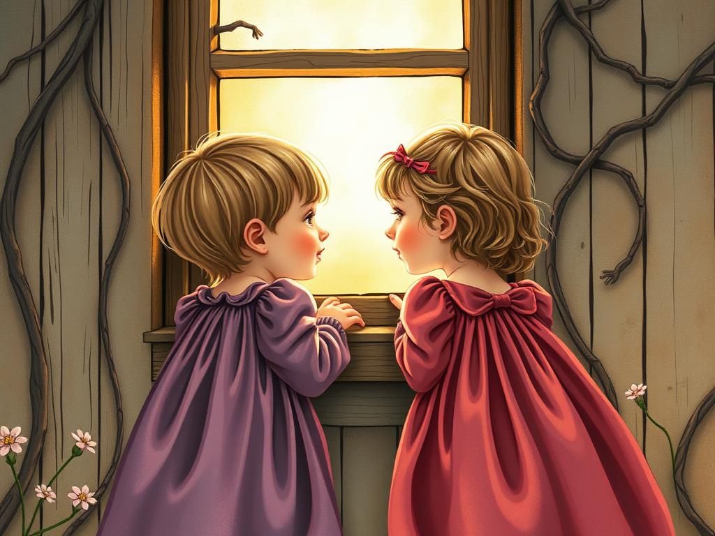 Children Await Father's Return: Folk Art Illustration