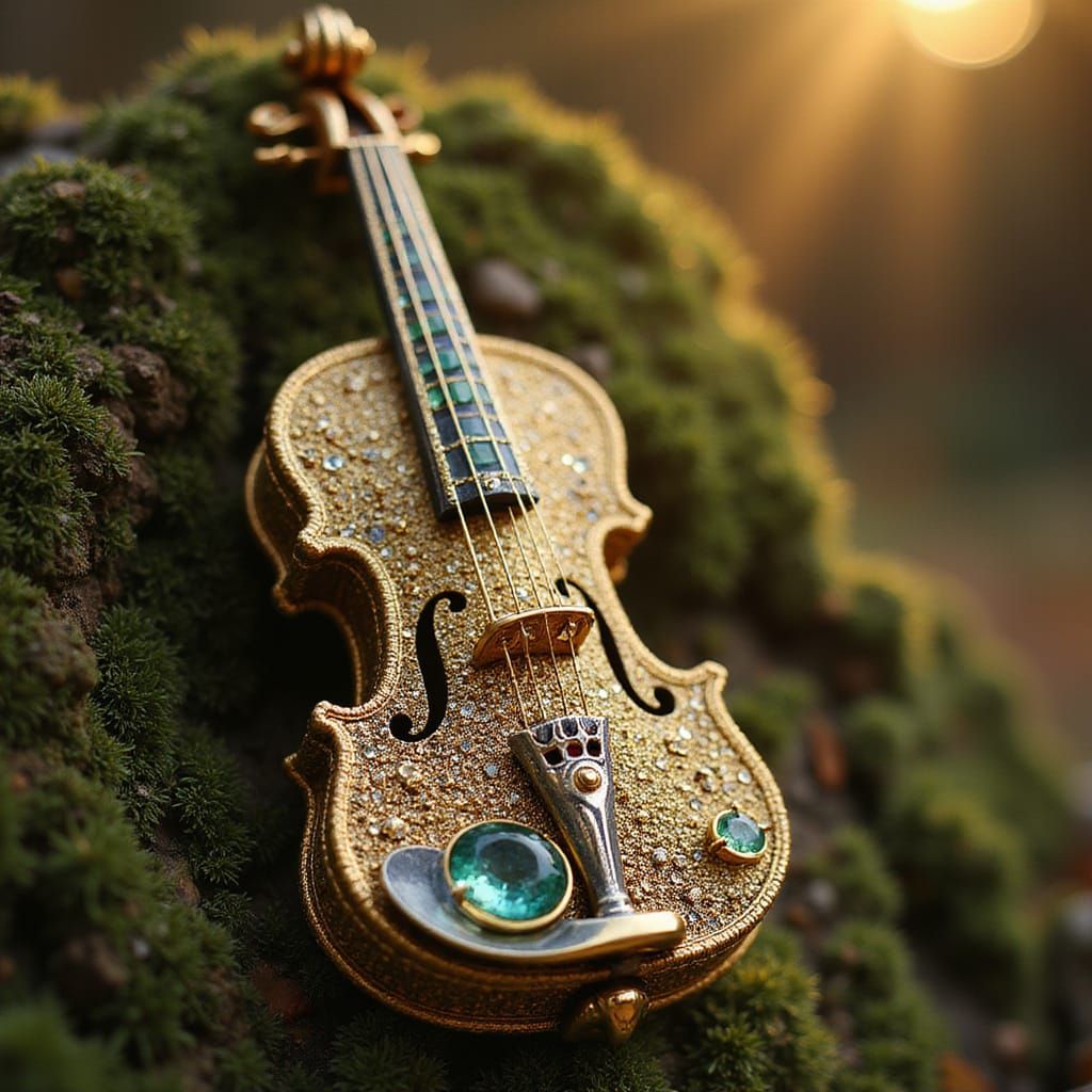 Golden Violin Adorned with Emerald, Sapphire, and Ruby Jewel...