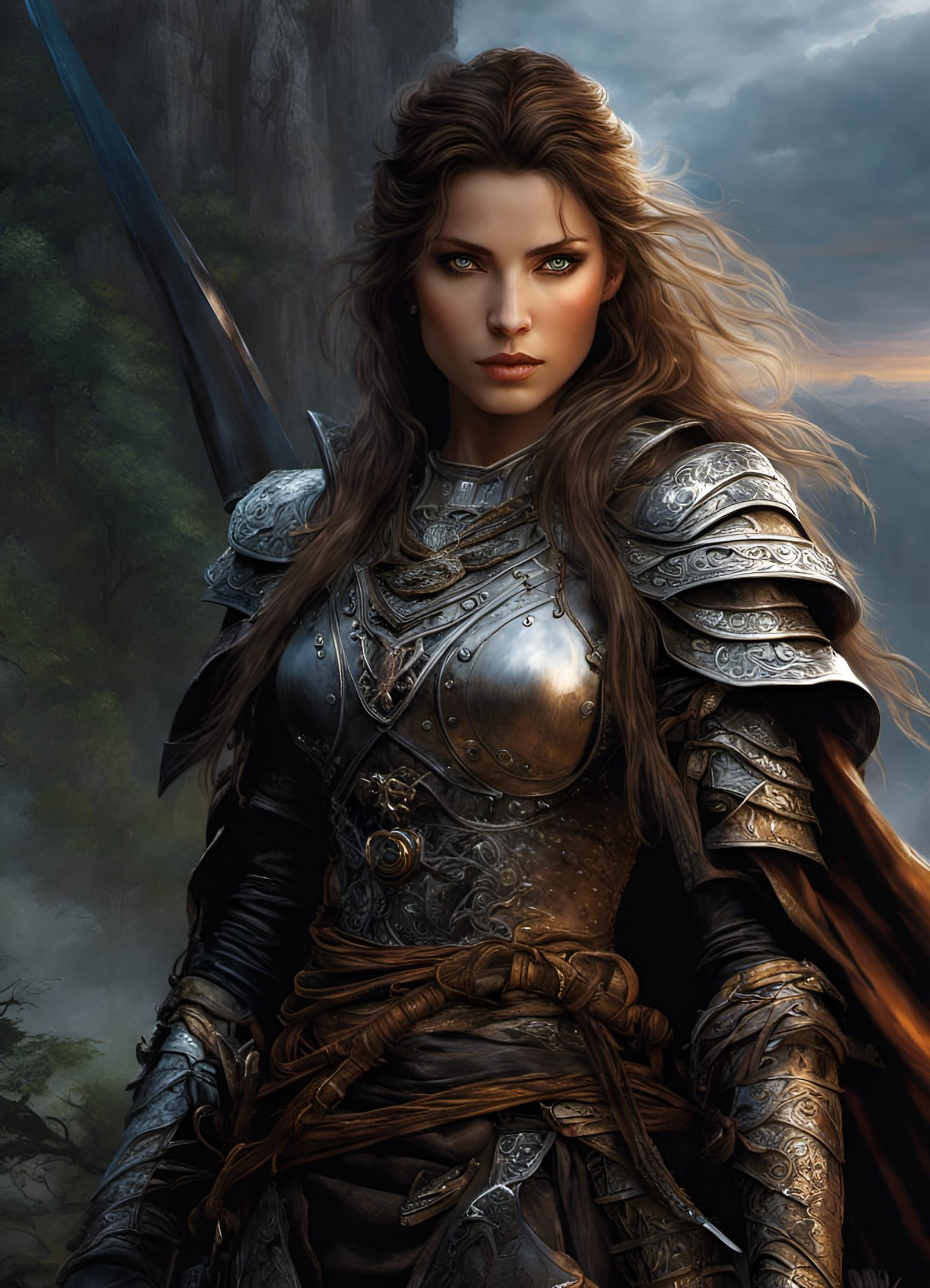 Gorgeous Armored Woman with Longsword in Sunset