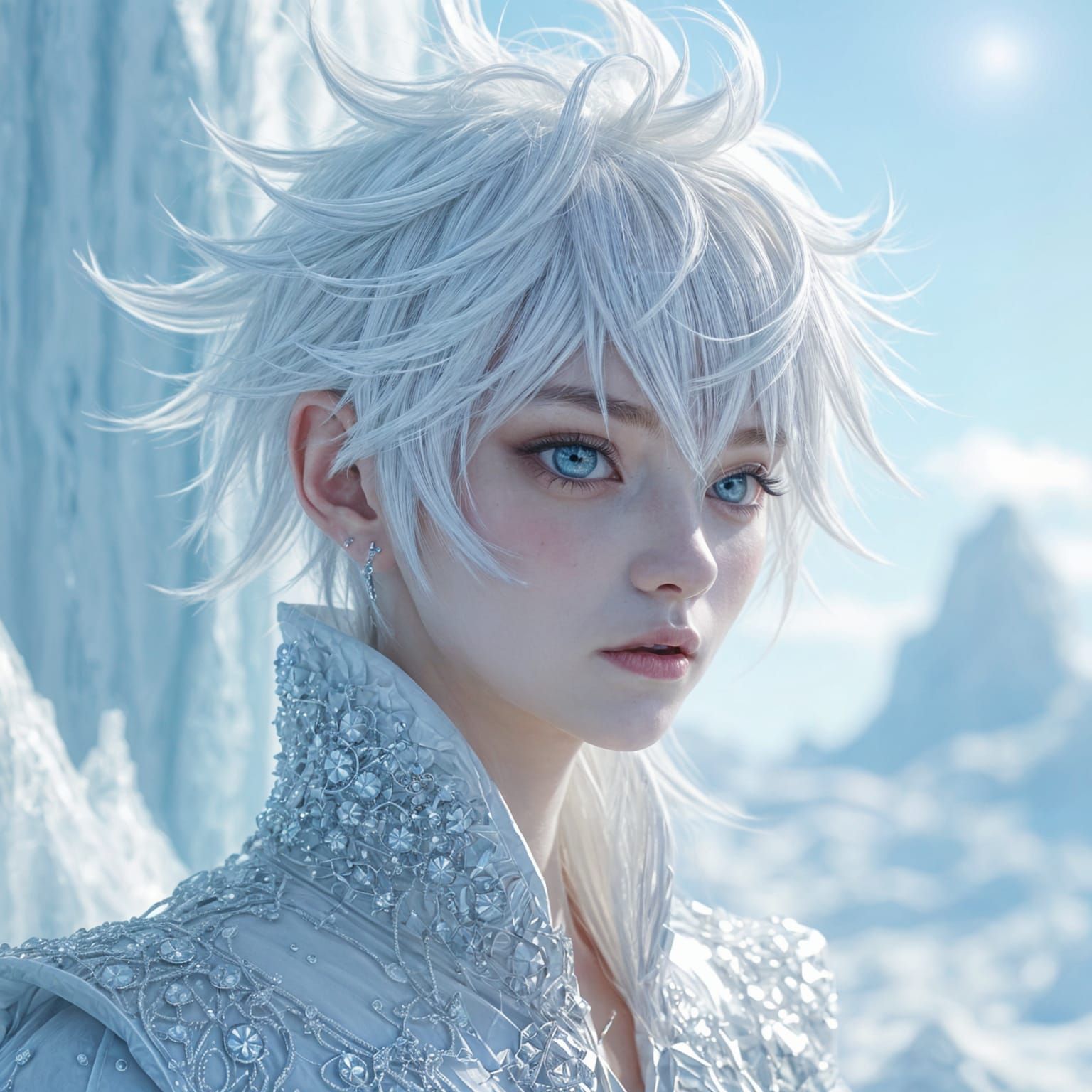 Icy Blue Eyed Character in Glacier Landscape