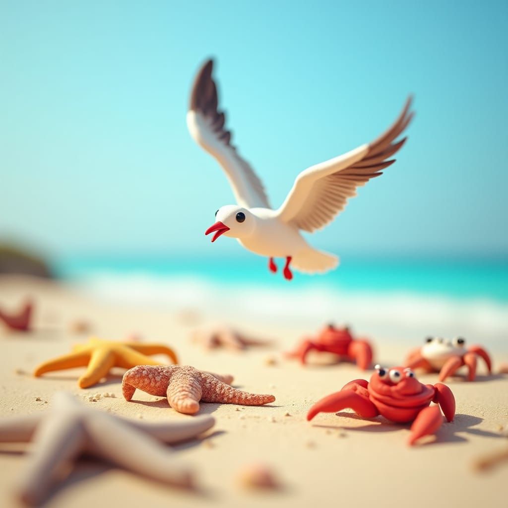 Seagull and Starfish on Claymation Beach