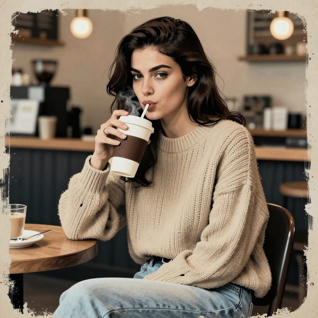 Stencil Art of Woman in Cozy Coffee Shop