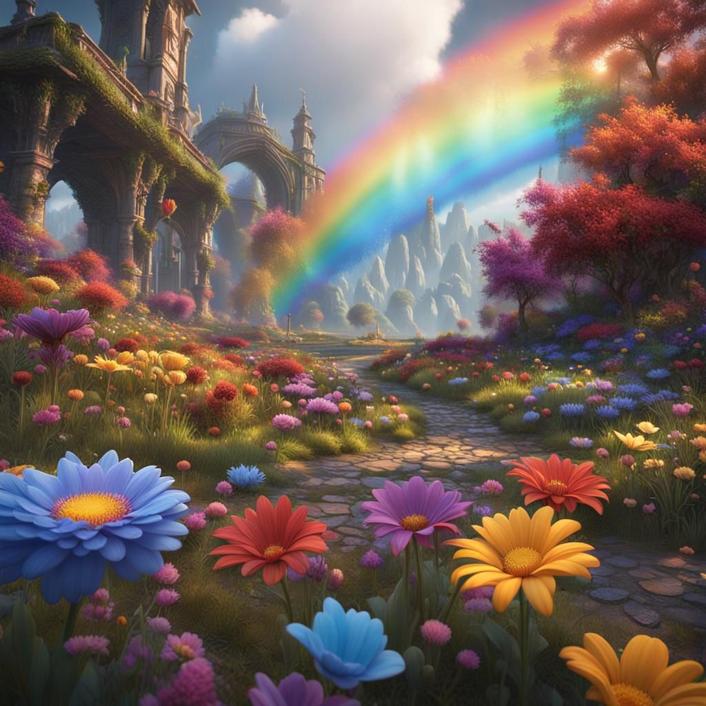 rainbow flowers detailed matte painting, deep color, fantastical, intricate detail, splash screen, complementary colors,...