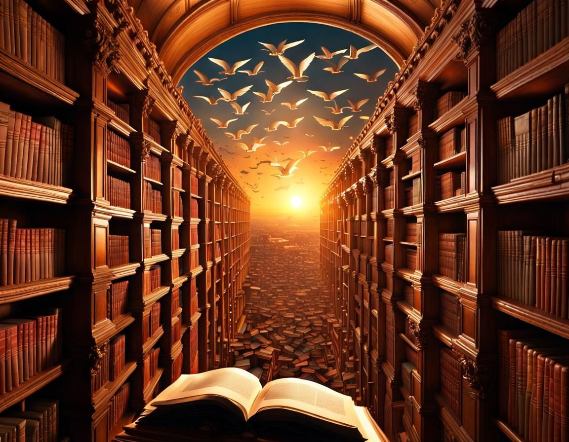 Books Fly Over Library World at Sunset