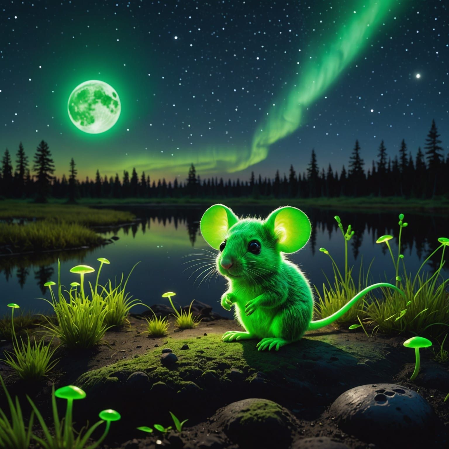 Neon Mouse on Bioluminescent Moon Surface