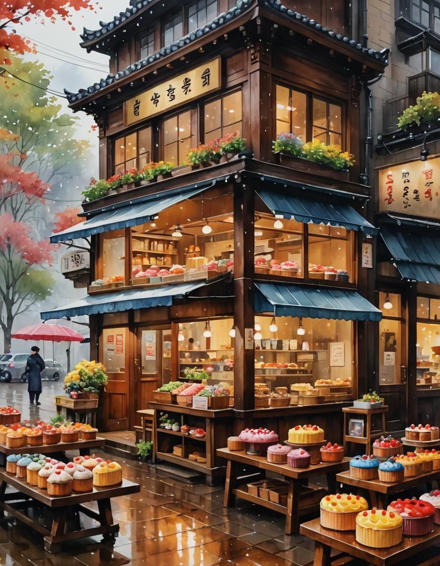 Watercolor Painting of Cake Shop on Rainy Day