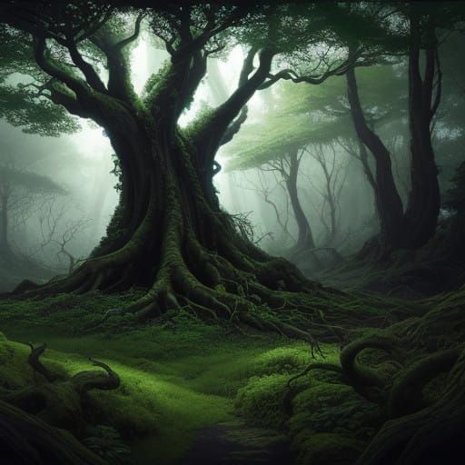 Epic Japanese Fantasy Tree in a Lush Forest, Anime Key Visua...