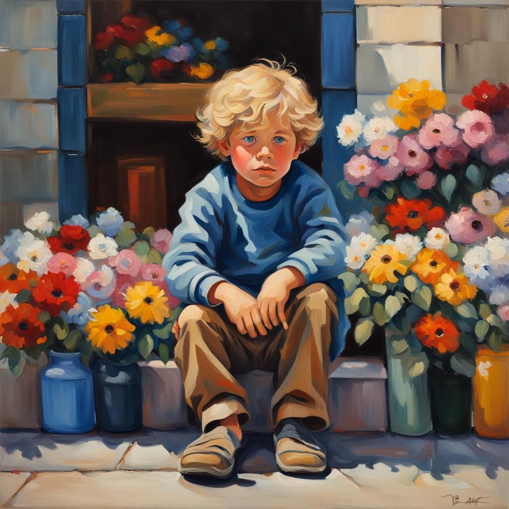 Boy Selling Flowers: Oil Painting with Visible Brushstrokes