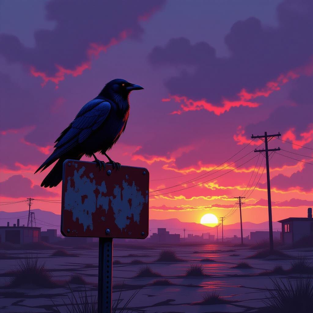 Crow on Rusted Signpost in Post-Apocalyptic Wasteland