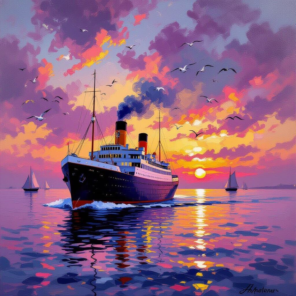 Impressionistic Steamship Sailing at Sunset Oil Painting