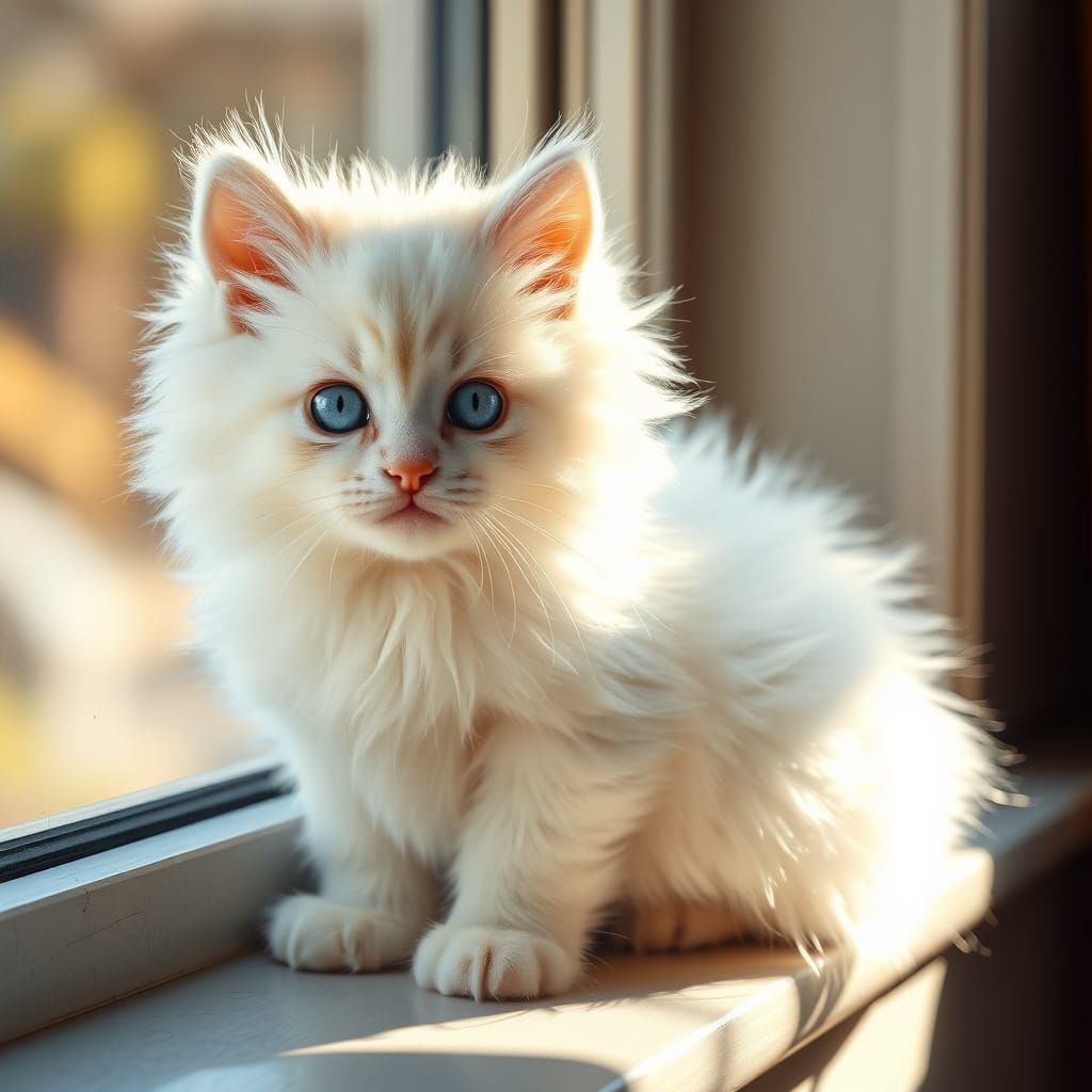 Fluffy White Kitten with Blue Eyes on Window Sill