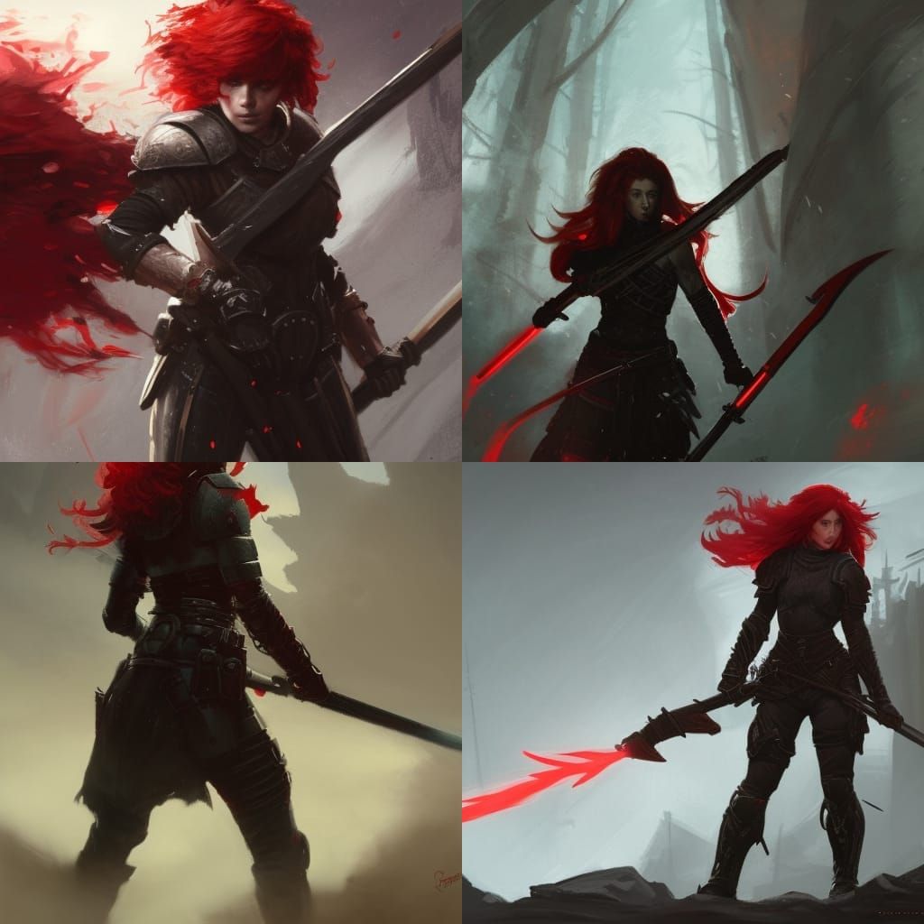 Red-Haired Soldier in Black Armor, Fantasy Art