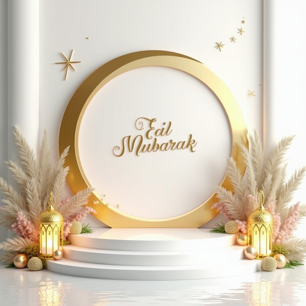 Golden Crescent Moon Adorns Elegant Eid Celebration Scene in...