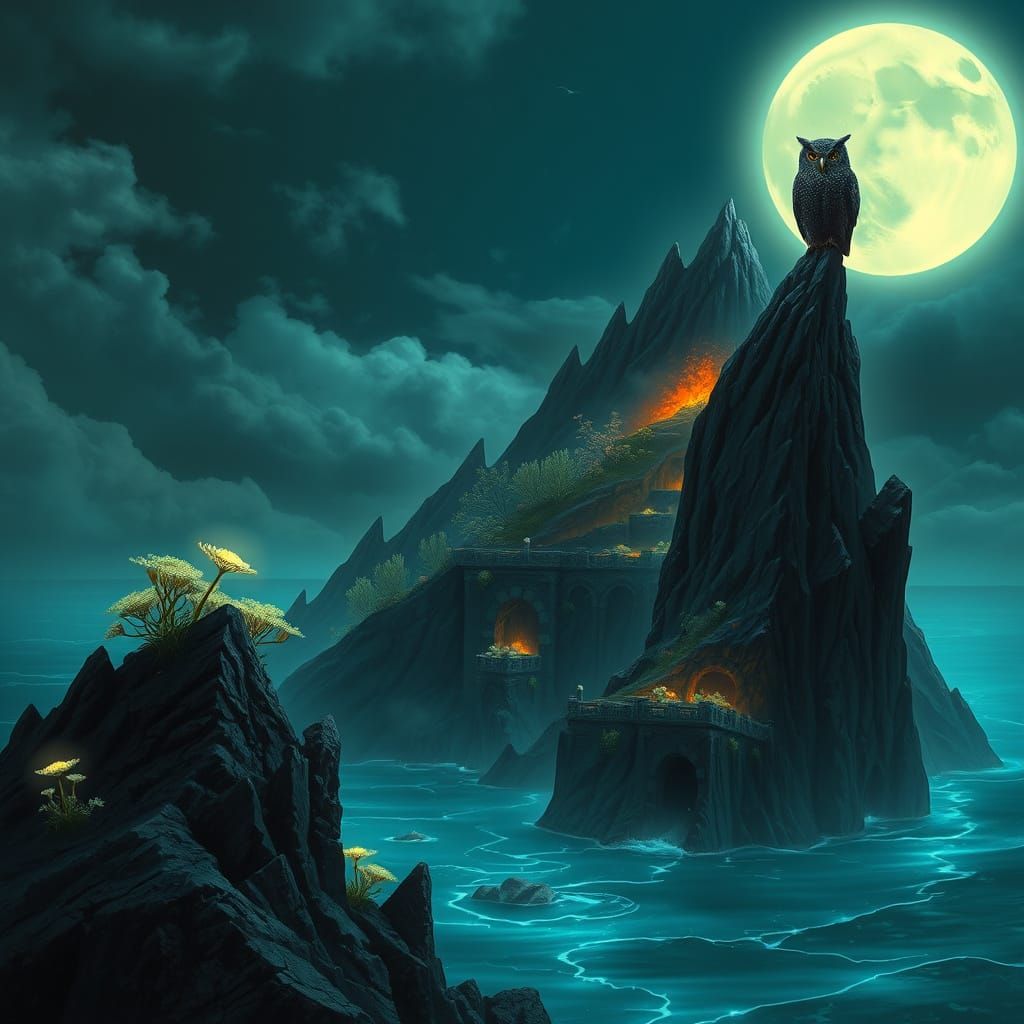 Volcanic Island Fortress Submerged in Liquid Moonlight