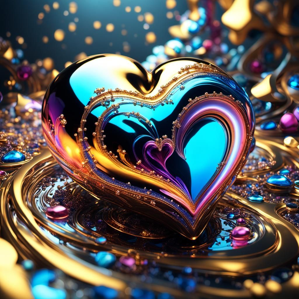 Voluminous Radiant 3D Heart in Liquid Artpunk Style