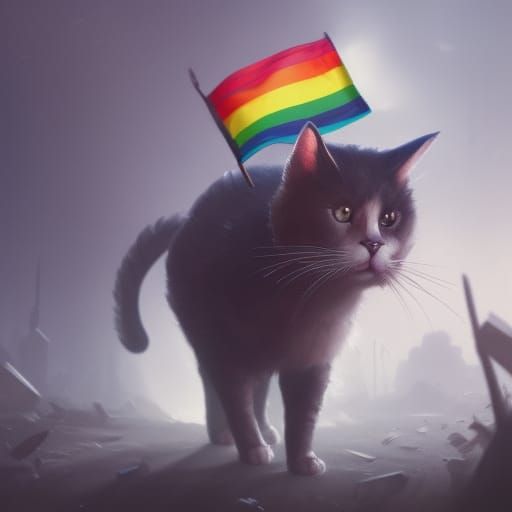 Cat Holds Pride Flag: Dark Fantasy Concept Art