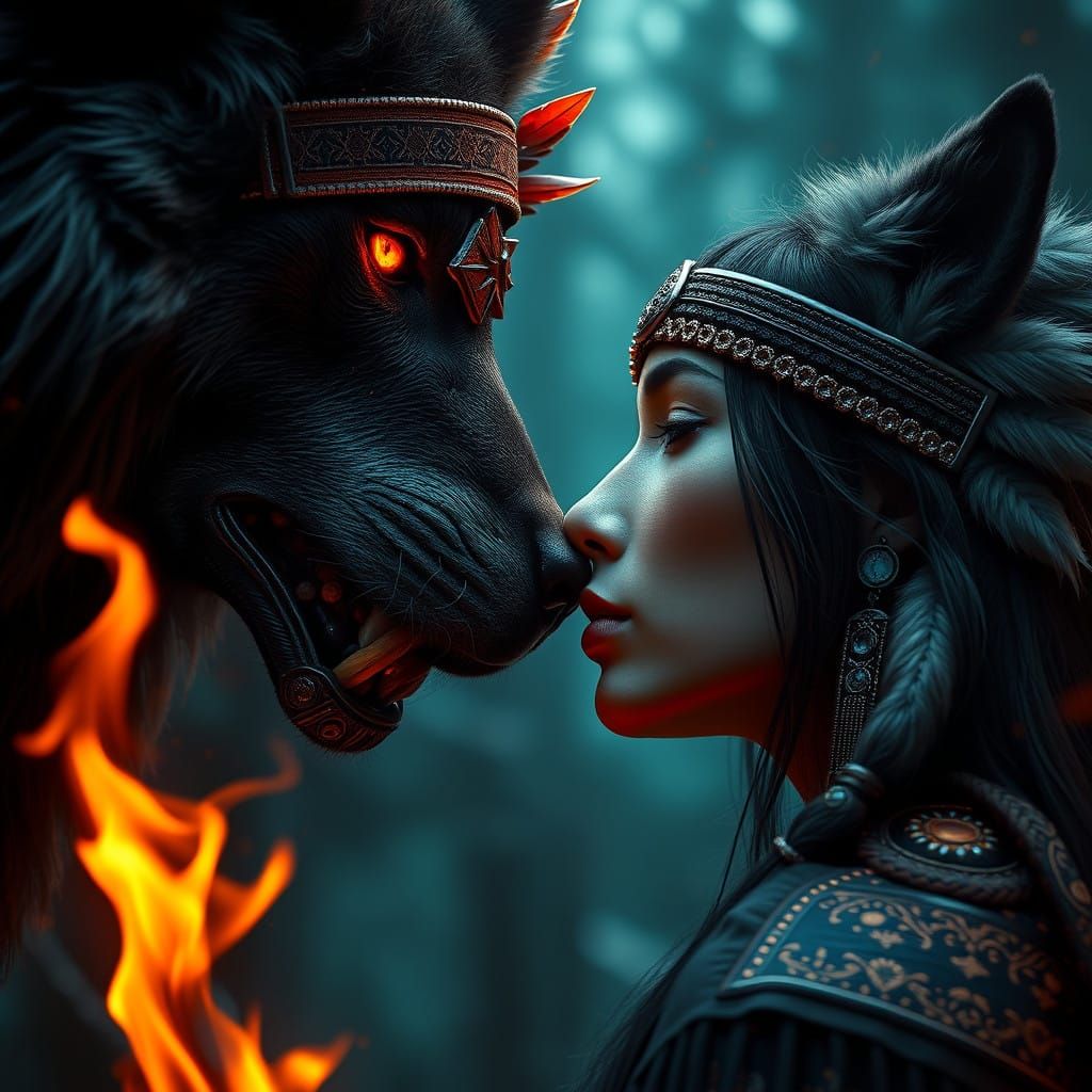 Fantastical Native American Beauty Kissing a Black Wolf's No...
