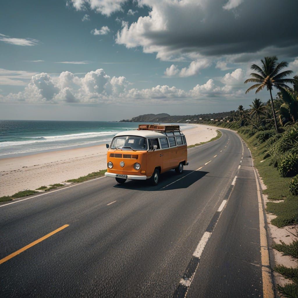 Surreal VW Van Cruises Along Beachside Road in Cinematic Hyp...
