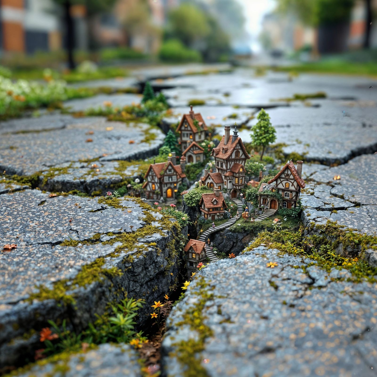 Hyperrealistic Fairy Village in Sidewalk Crack