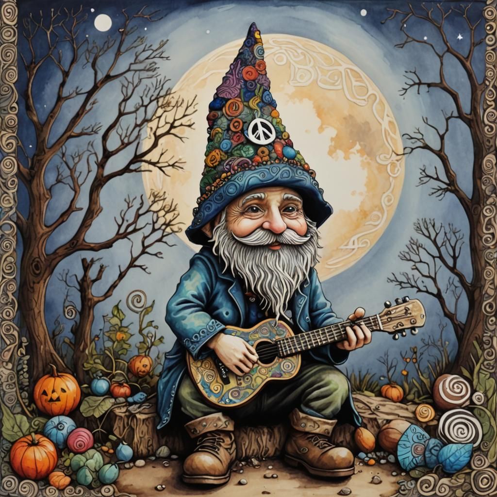 Hippie Gnome's Dreamlike Zentangle Serenade Under Moon